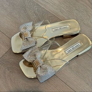 Miu Miu Style Slide Sandals/ Gold Rhinestone Bow Sandals 5.5/36